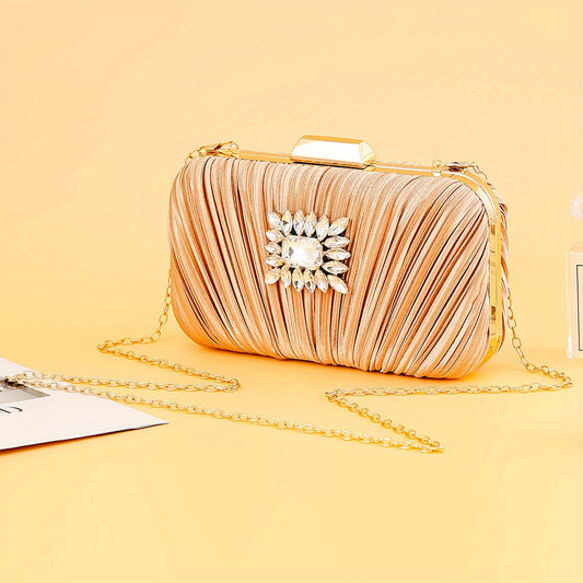 Pleated Rhinestone Chain Clutch Evening Bag