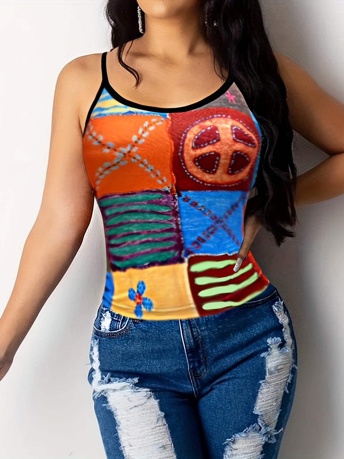 Colorblock Graphic Print Cami Top Sleeveless Crew Neck Summer Top