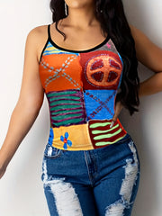Colorblock Graphic Print Cami Top Sleeveless Crew Neck Summer Top