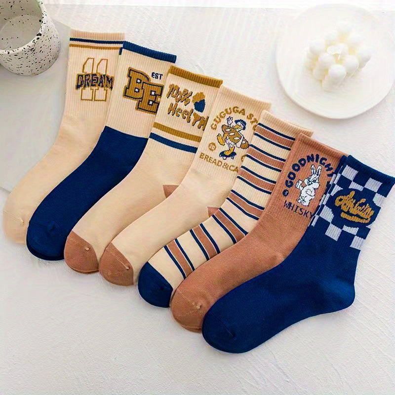 7 Pairs Letter Print Mid Tube Socks