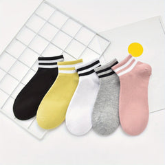 5 Pairs Striped Trim Socks Soft & Lightweight Short Socks
