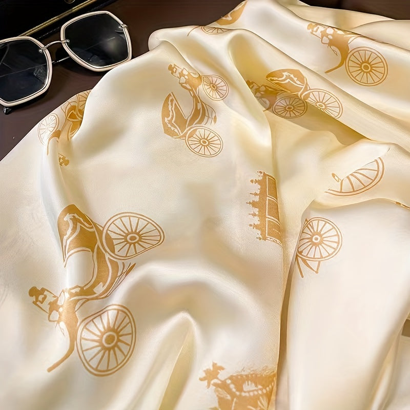 Retro Carriage Print Scarf Block Silk Shawl Head Wrap Women Sunscreen