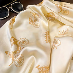 Retro Carriage Print Scarf Block Silk Shawl Head Wrap Women Sunscreen