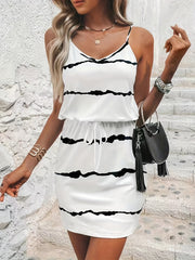 Striped Print Casual 2pc Set V Neck Lace Up Tops & Drawstring Skirts Outfits
