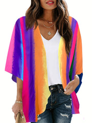 Rainbow Print Half Sleeve Cover Up Cardigan Open Front Vacation Kimono