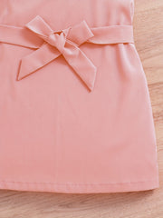 2pcs Girls Puff Sleeve Blazer & Belted Cami Dress