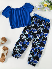 Girls Off Shoulder Crop Top & Flowers Print Pants Set