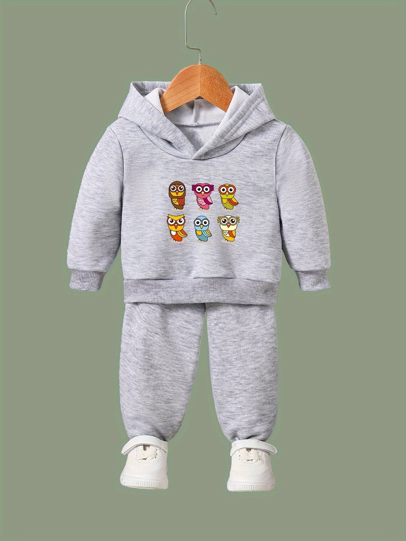 Cartoon Owls Print Hoodie & Pants Set Girl's Sporty Clothes