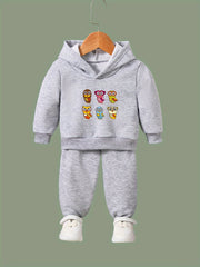 Cartoon Owls Print Hoodie & Pants Set Girl's Sporty Clothes