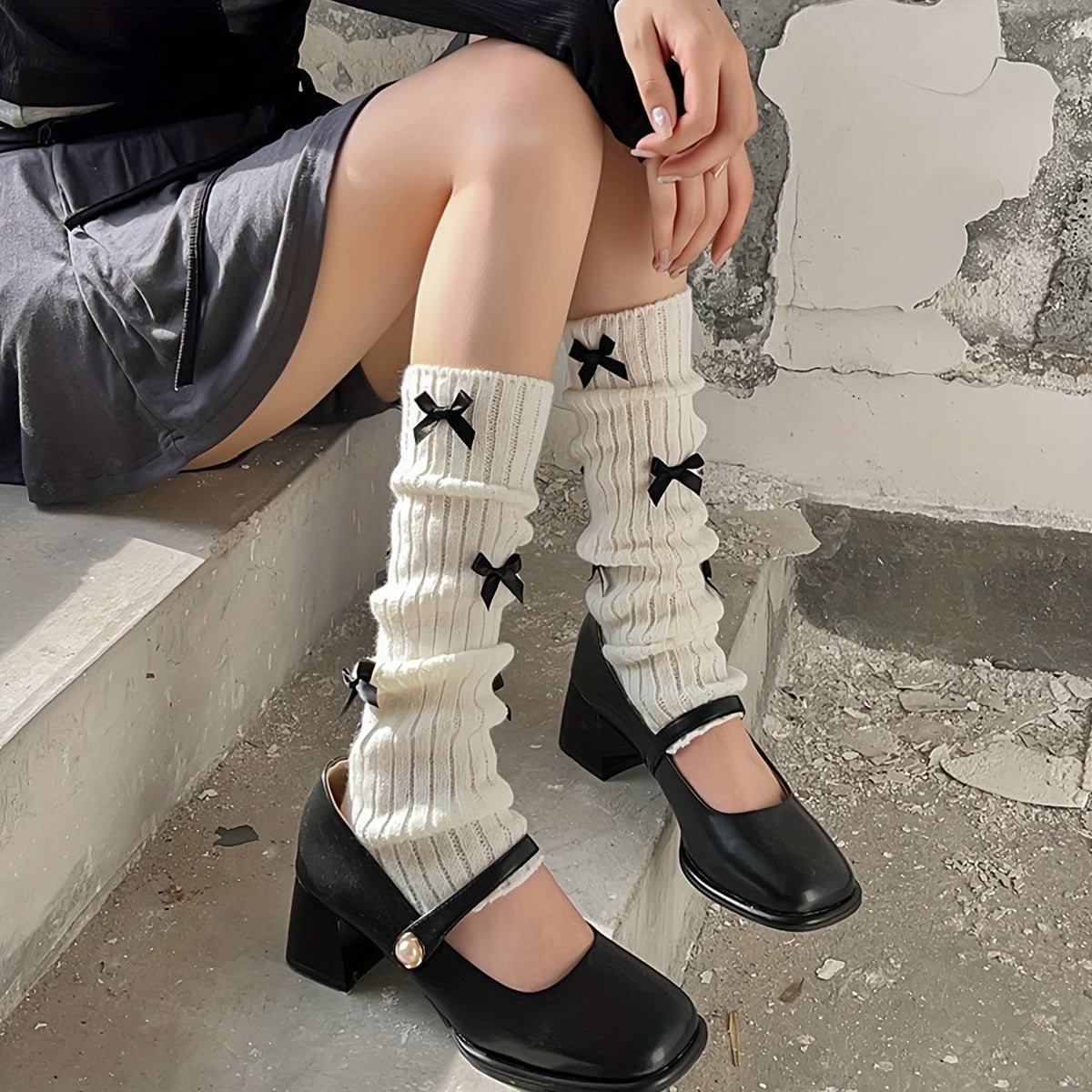 Bow Rib Knit Leg Warmers All-match Knee High Socks