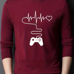 Gamepad & Heartbeat Pattern Knitted Sweater Men's Casual Warm Crew Neck Pullover