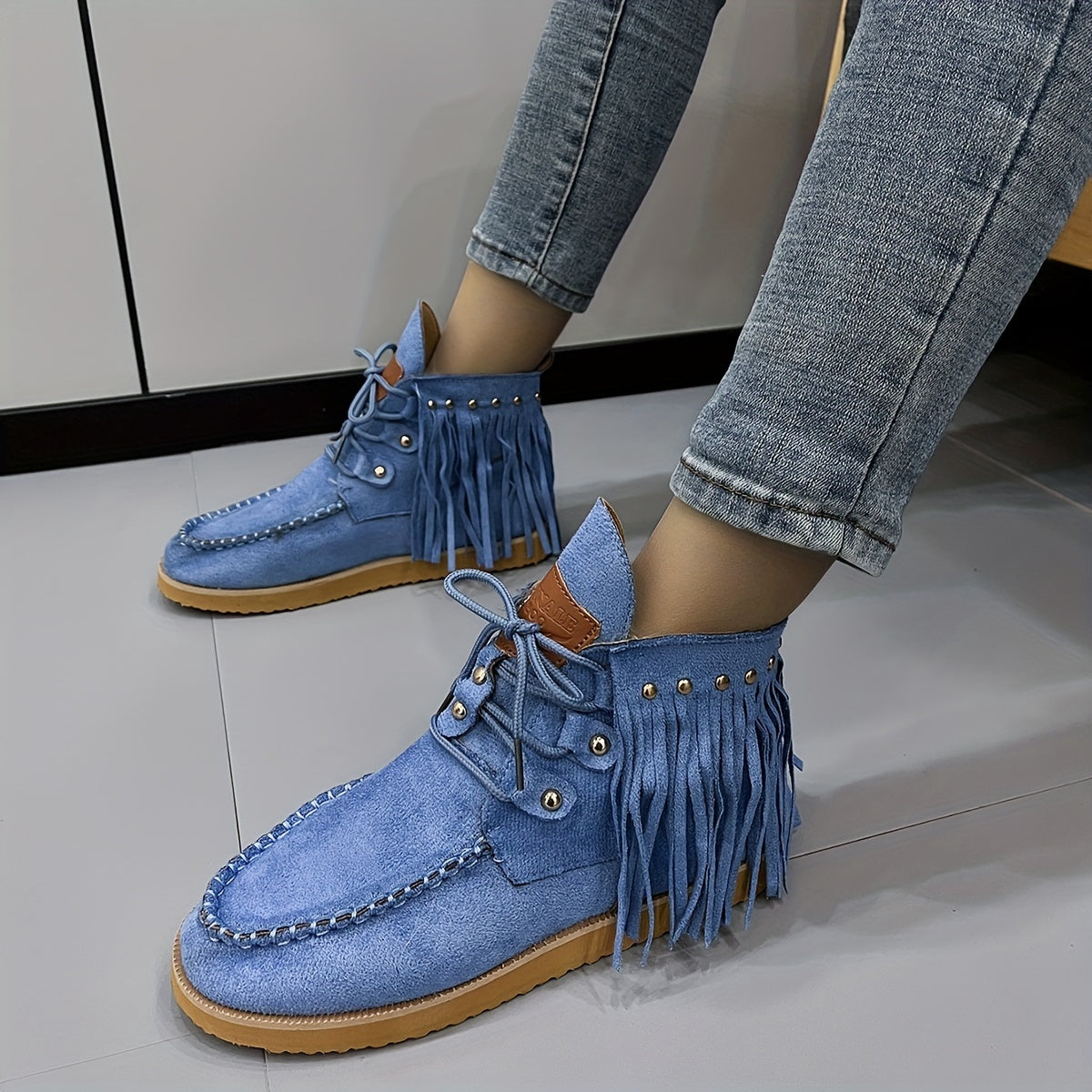 Women's Tassel Flat Ankle Boots Lace Up Anti skid High Top Boots