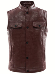 Men's Casual PU Leather Vest Button Up Lapel Sleeveless Punk Style