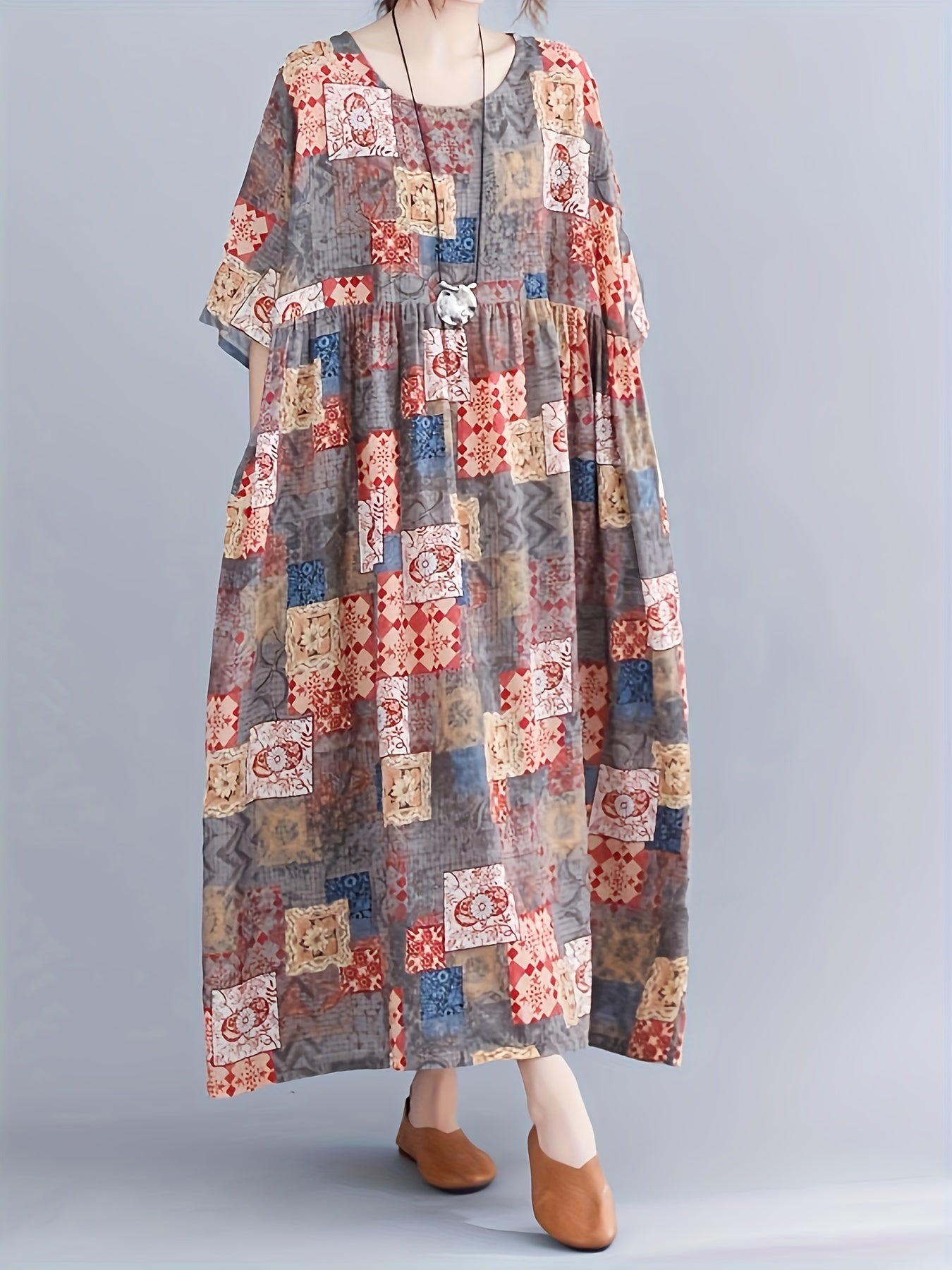 Boho Dress Women's Plus Scarf Print Maxi Dress With Pockets