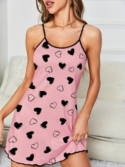 Heart Print Slip Nightdress Scoop Neck Backless Dress Women's Sleepwear