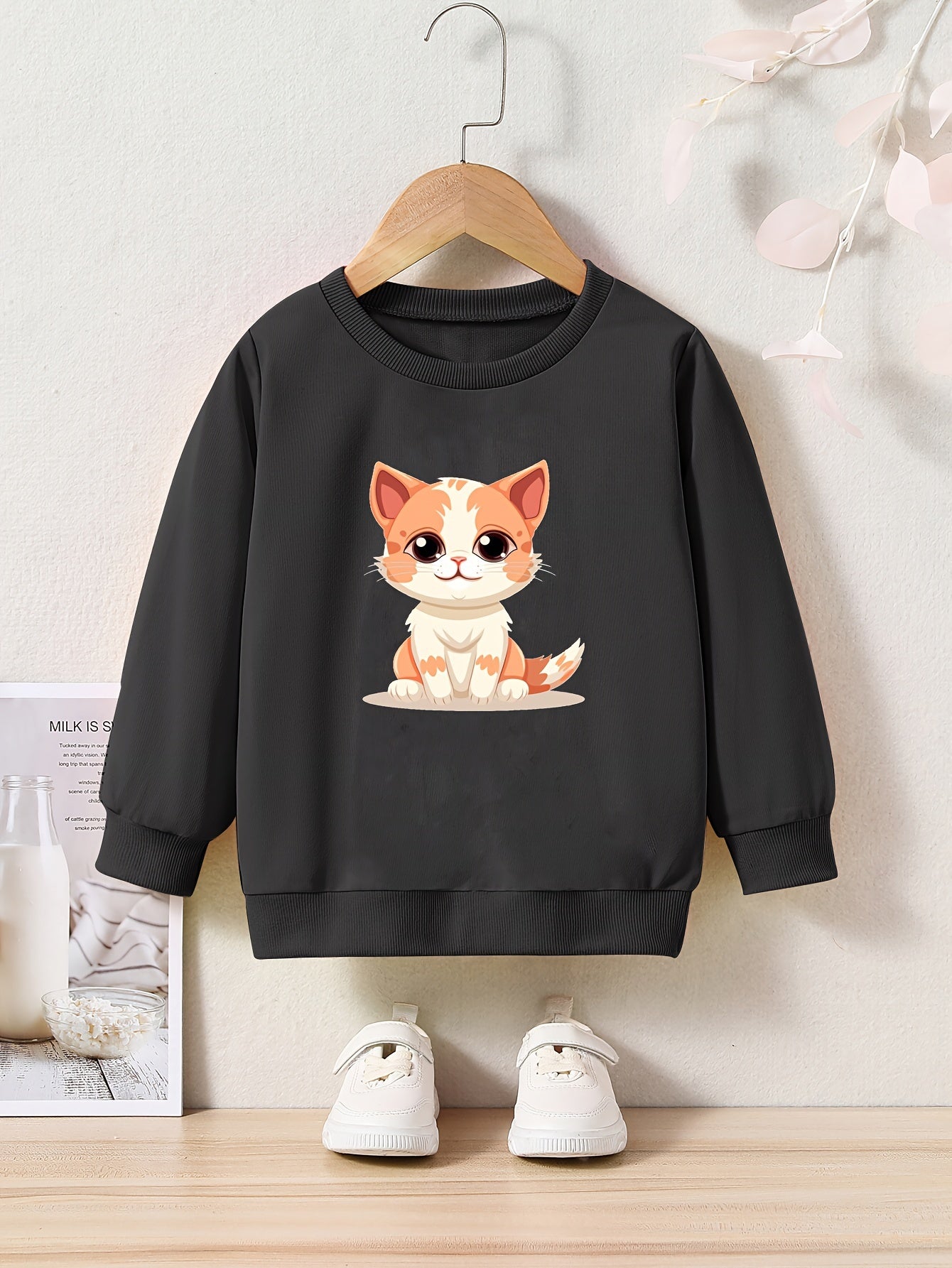 Cartoon Cat Print Girls Sweatshirt Long Sleeve Crew Neck Tops