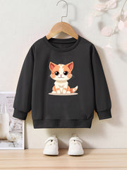 Cartoon Cat Print Girls Sweatshirt Long Sleeve Crew Neck Tops
