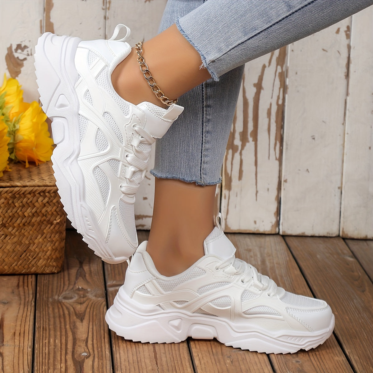 Solid Chunky Sneakers Heighten Lightweight Flying Woven Shoes