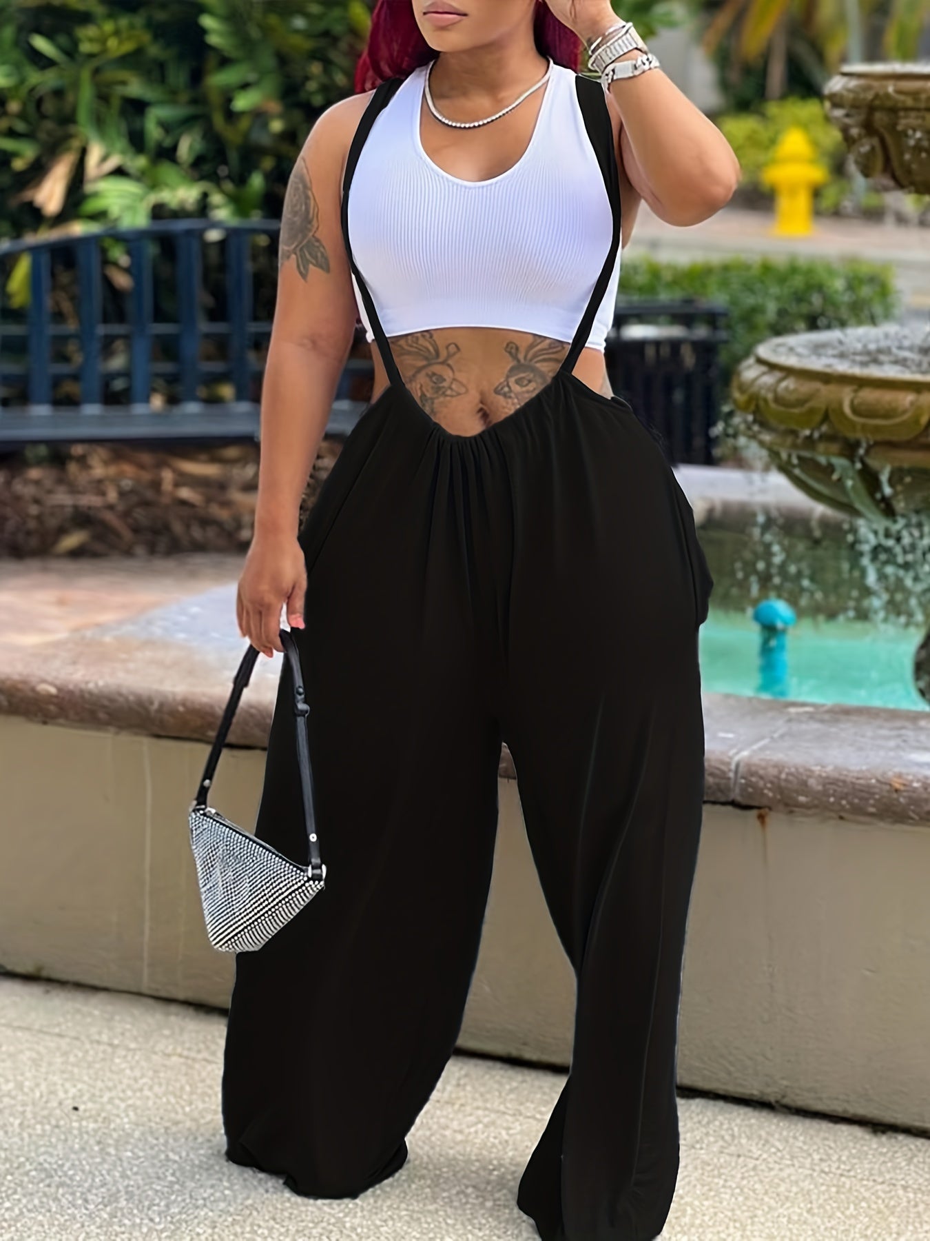 Solid Wide Leg Ruched Jumpsuit Draped Suspender Jumpsuit