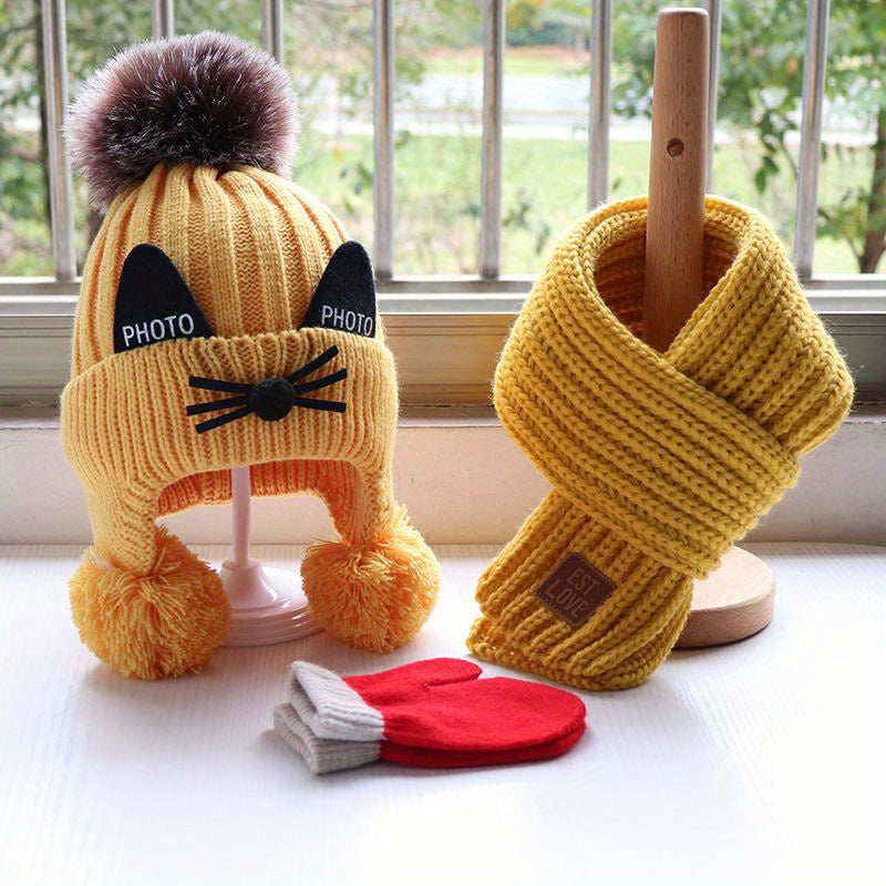 Cat Pattern Kids Knitted Woolen Hat Scarf Gloves Set