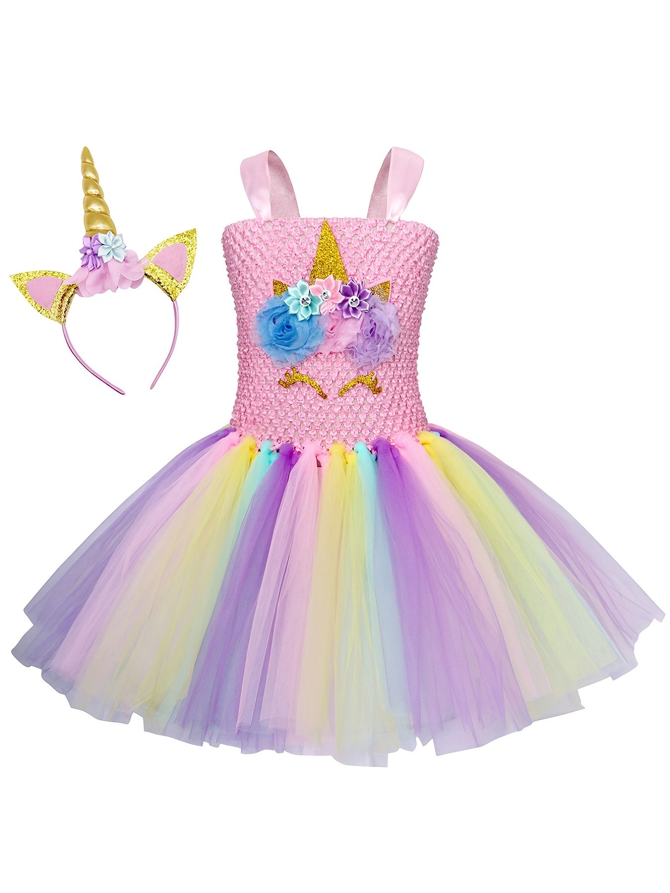 Unicorn Flowers Tutu Puffy Dress & Sequin Headband Set for Kids