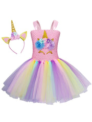 Unicorn Flowers Tutu Puffy Dress & Sequin Headband Set for Kids