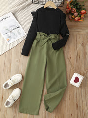 Girl's Ribbed Top & Wide Leg Pants Set for Spring Fall