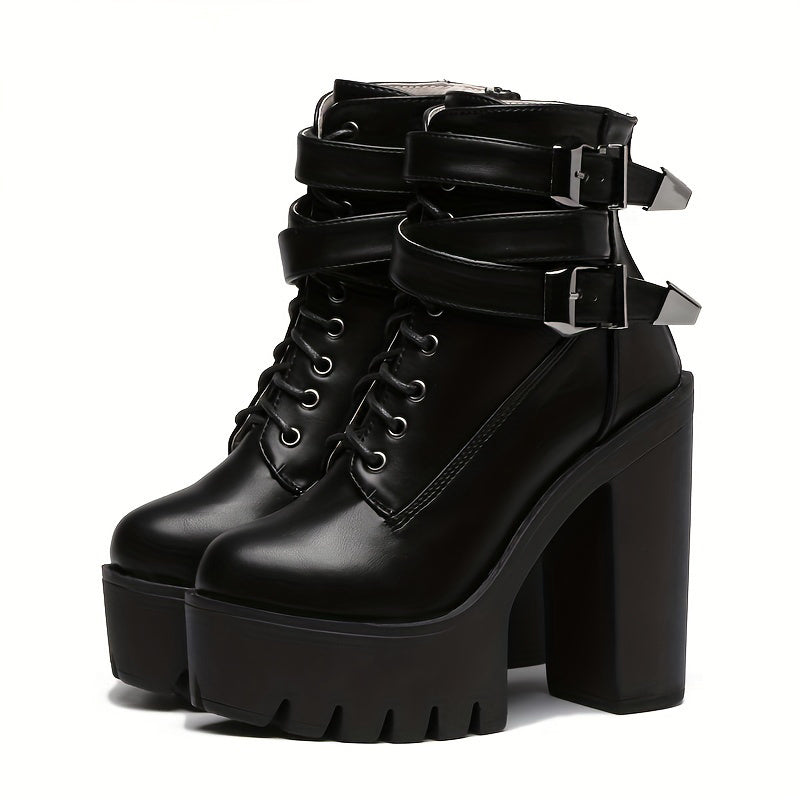 Women's Platform Block Heel Boots Lace Up Ankle Motorcycle Boots