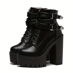 Women's Platform Block Heel Boots Lace Up Ankle Motorcycle Boots