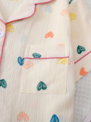 Heart Print Pajama Set Short Sleeve Lapel Buttons Top & Elastic Waistband Shorts