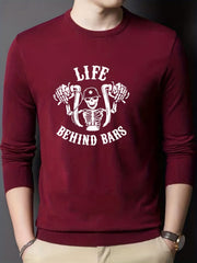 Skeleton Bike Print Knitted Sweater Men's Casual Warm Crew Neck Pullover
