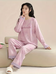 Letter Print Pajama Set Long Sleeve Top & Pants Women's Sleepwear