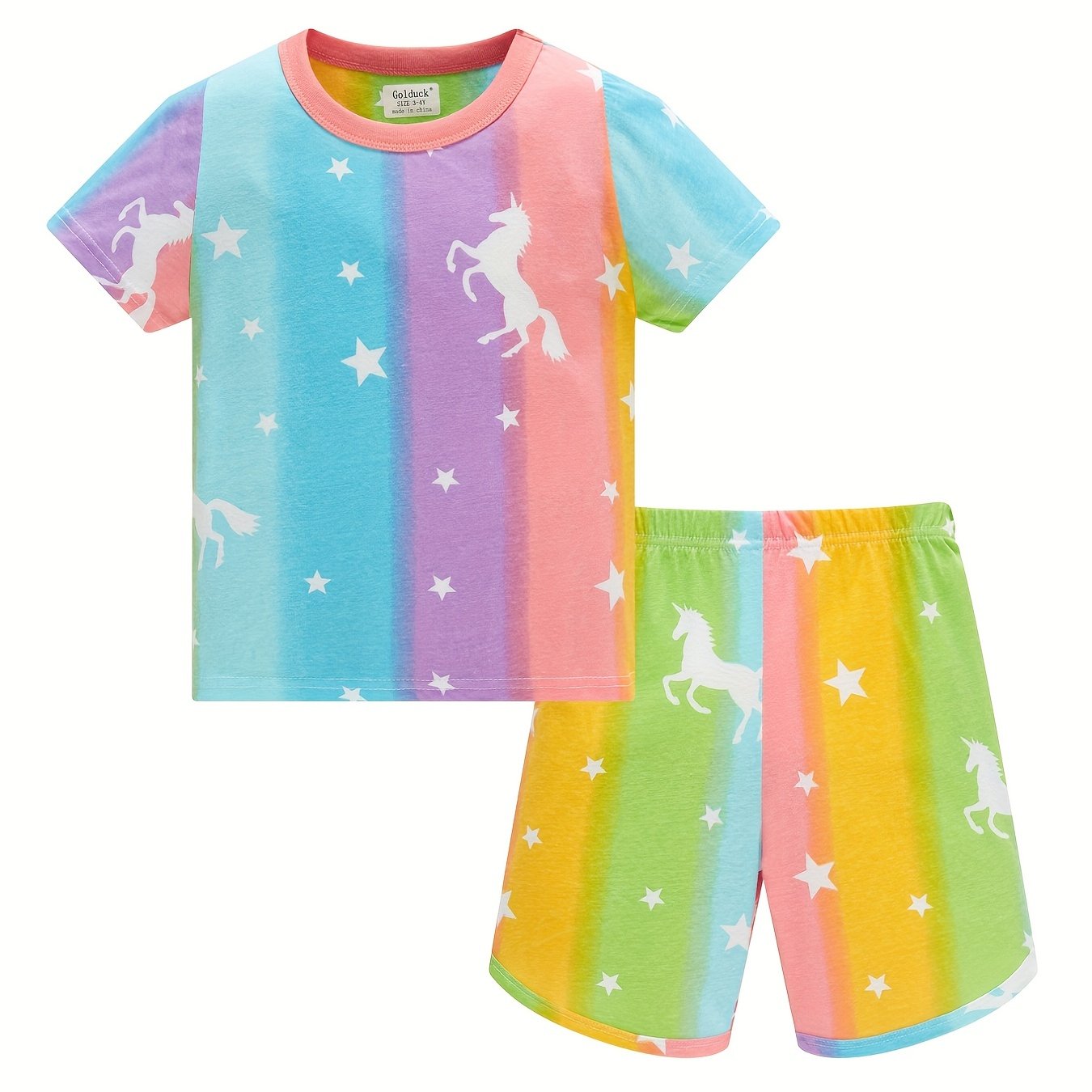 Kid's 2pcs Cotton Pajamas Short Sleeve Top & Shorts Set Stripe Unicorn