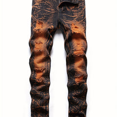 Vintage Tie Dye Slim Fit Ripped Jeans Men's Street Style Denim Pant