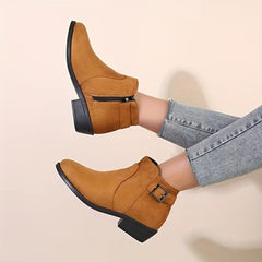 Women's Chunky Low Heel Short Boots Side Zip Ankle Buckle Boots