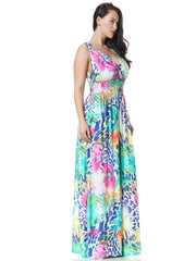 Floral Print Deep V Neck Maxi Dress Plus Size Sleeveless Medium Stretch