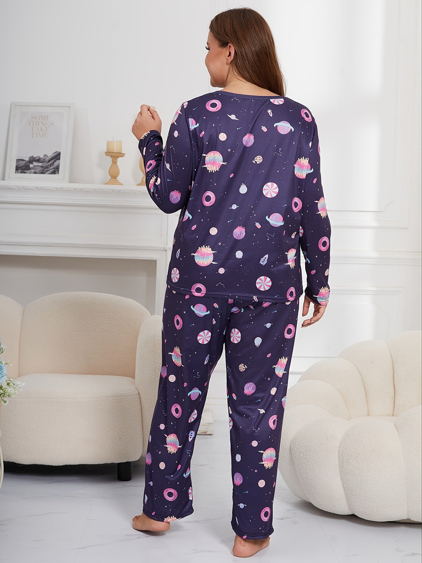 Cartoon Galaxy Print Tee & Pants Loungewear Set