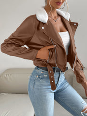 Zip Up PU Leather Jacket Casual Long Sleeve Solid Outerwear