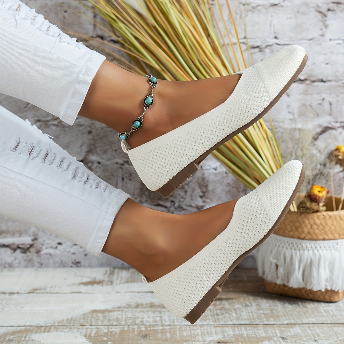 Women's Breathable Knit Slip On Flat Shoes Lightweight Square Toe Shoes