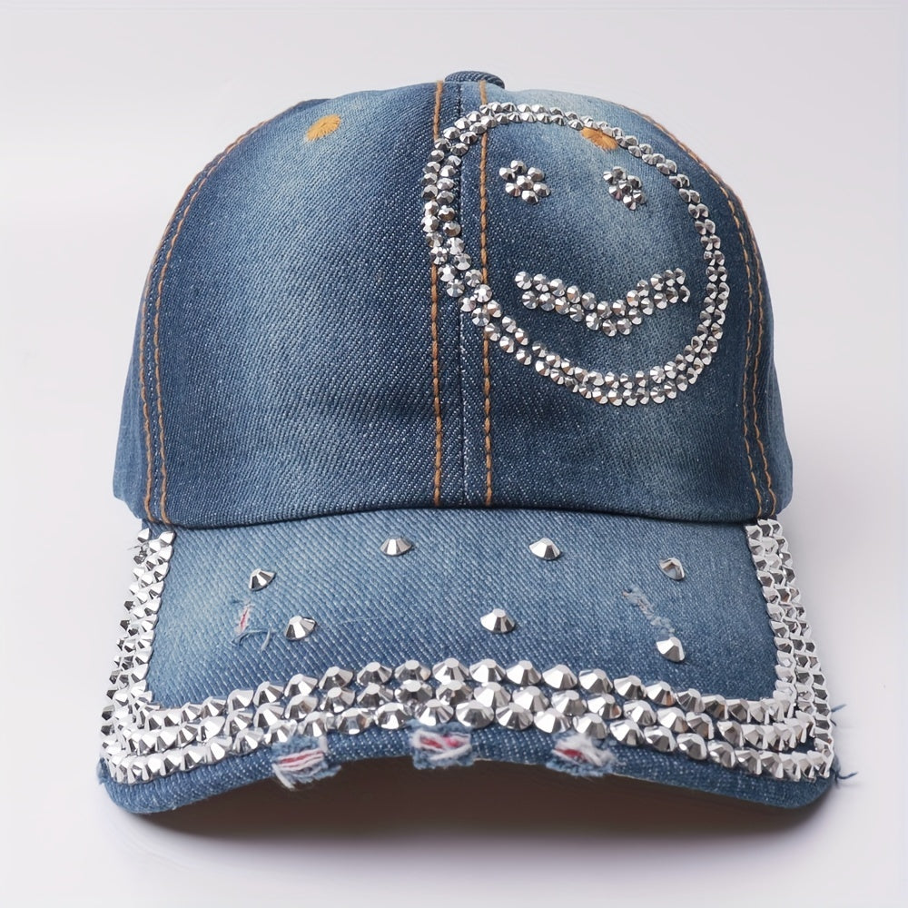 Smiley Face Rhinestone Baseball Cap Y2K Washed Distressed Denim Hat