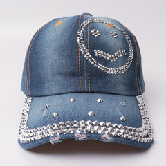 Smiley Face Rhinestone Baseball Cap Y2K Washed Distressed Denim Hat