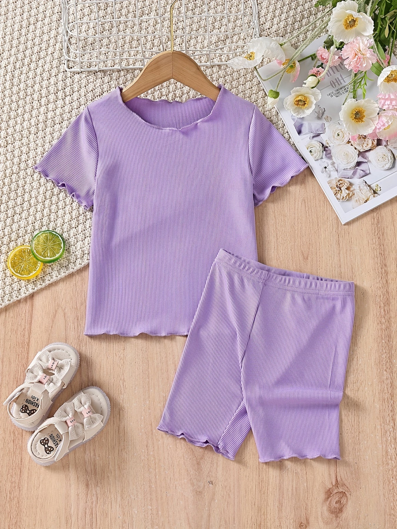 Girls Solid Bustier Round Neck Short Sleeve Pullover & Solid Shorts
