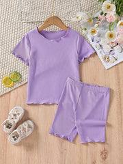 Girls Solid Bustier Round Neck Short Sleeve Pullover & Solid Shorts