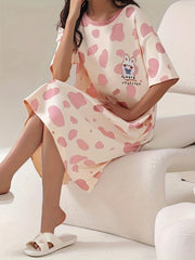 Bunny Print Lounge Dresses & Comfy Short Sleeve Home Dress Women's Loungewear
