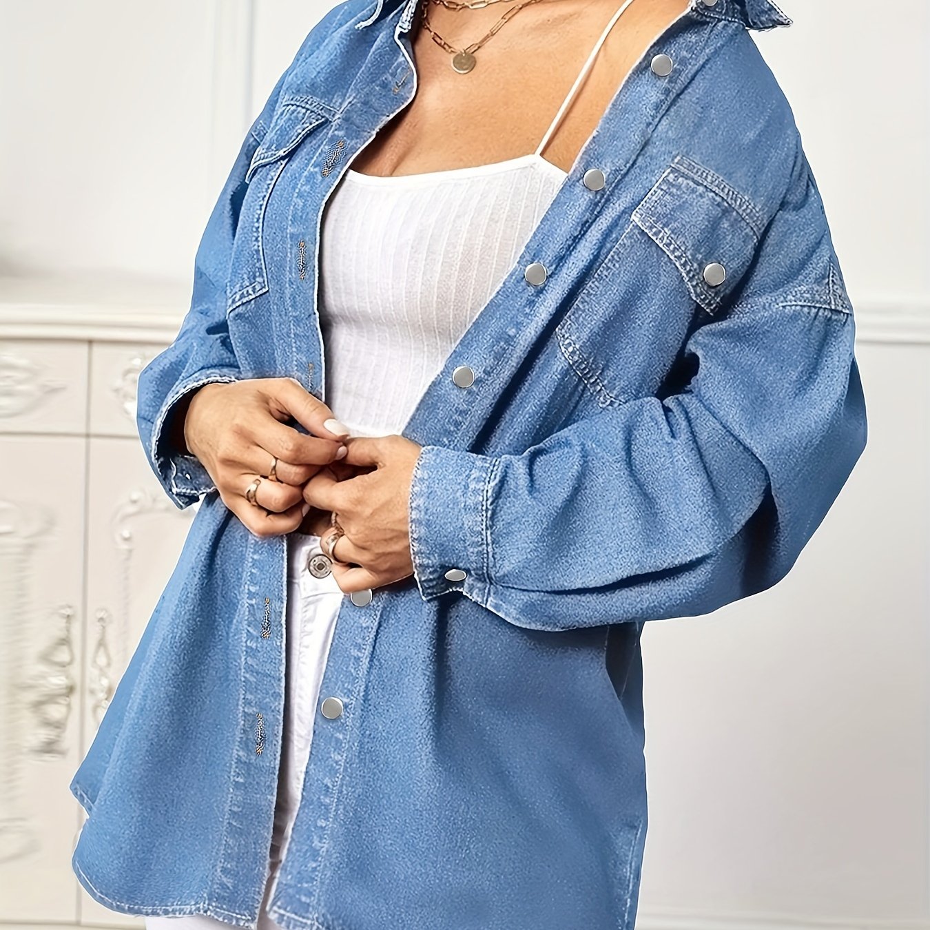 Oversized Denim Jacket Button Closure Long Sleeve Denim Shirt