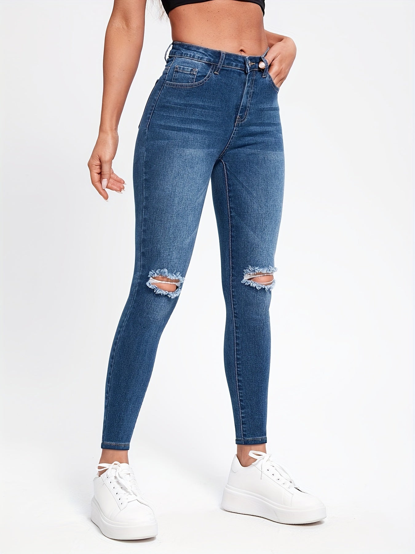 Ripped Knee Cut Skinny Jeans Solid Stretchy Whiskering Denim Pants