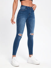 Ripped Knee Cut Skinny Jeans Solid Stretchy Whiskering Denim Pants