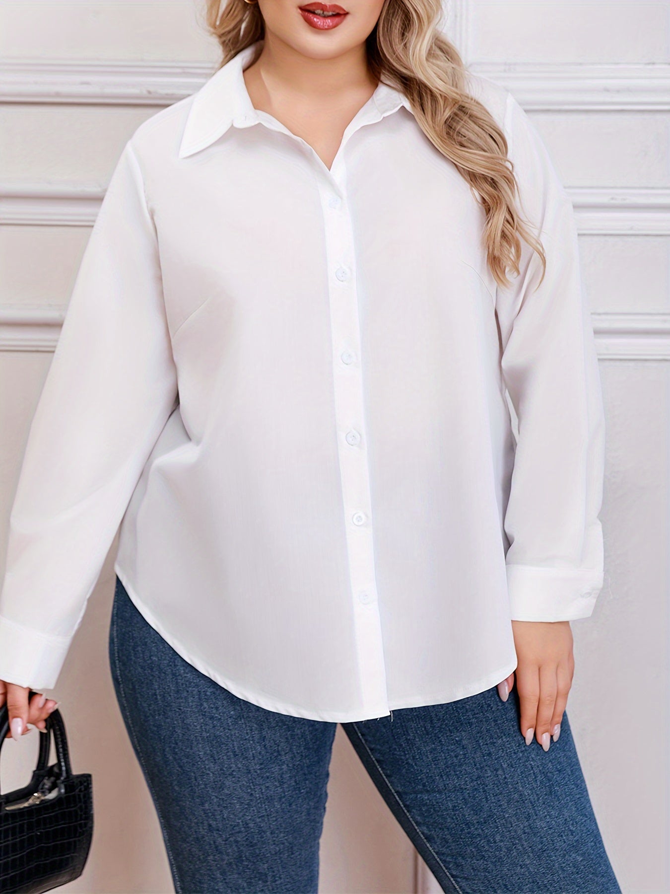 Solid Long Sleeve Button Up Collar Shirt Top
