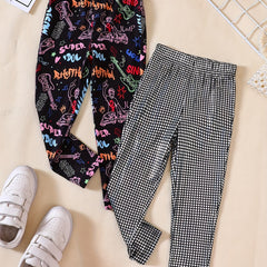 Girls' Stretch Leggings - Graffiti & Plaid Print