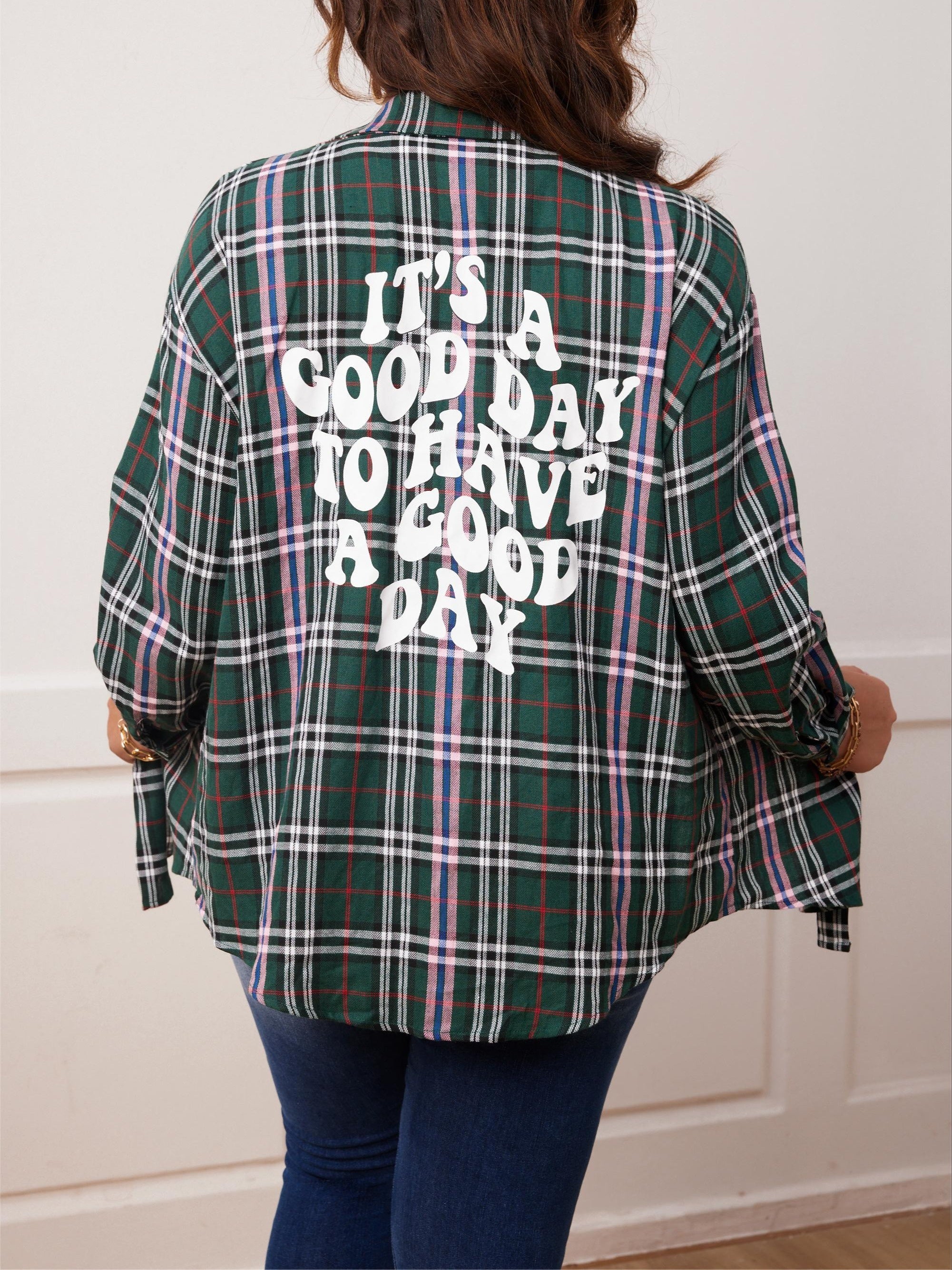 Plaid & Slogan Print Long Sleeve Button Up Shirt